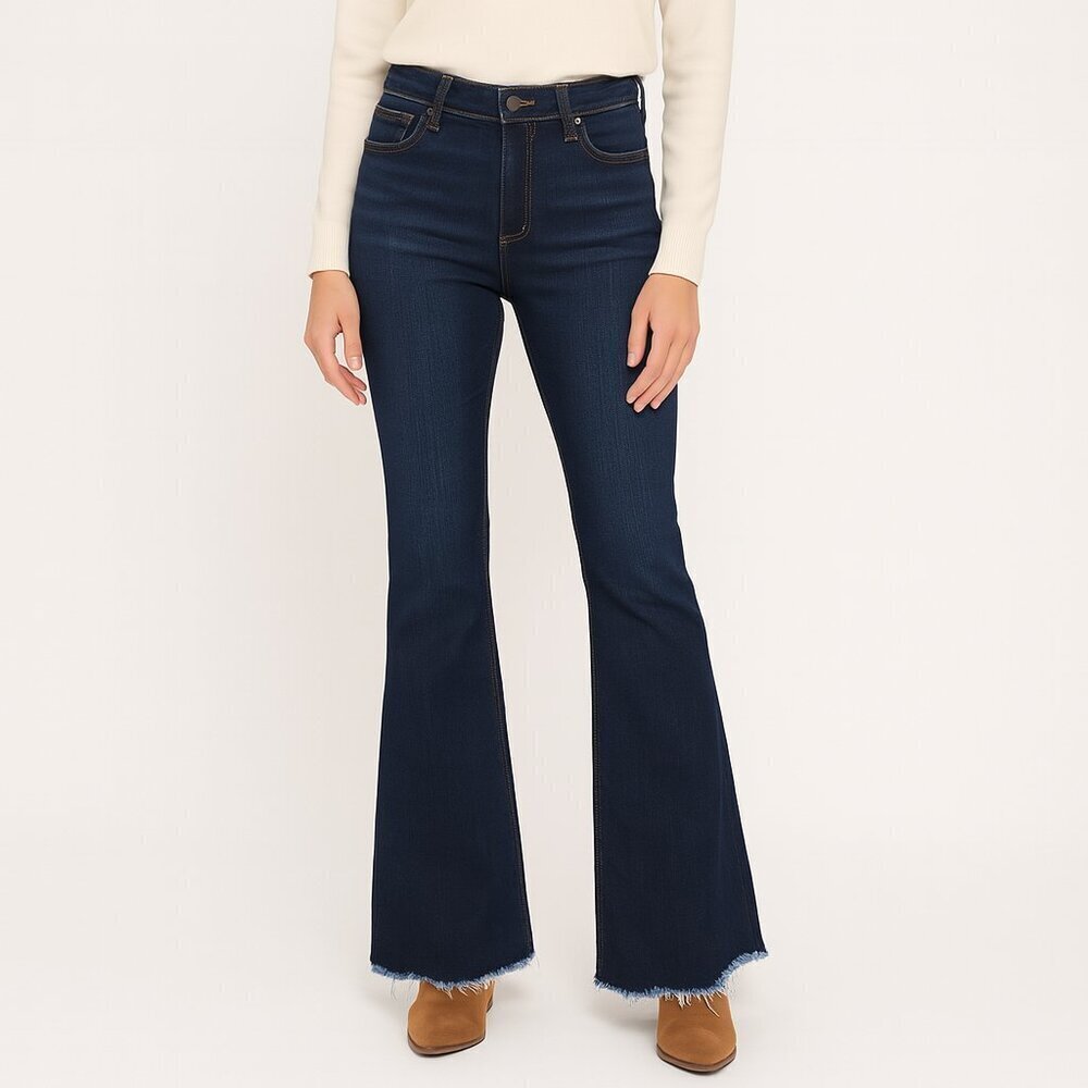 Judy Blue The Natalie High-Rise Flare Raw Hem Stretch Comfy Jeans Dark Blue 30